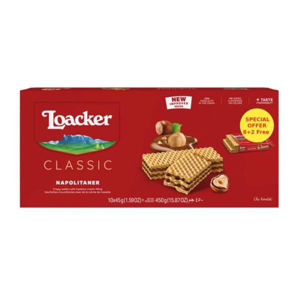 LOACKER--( RED)- WAFER CHOCLATE 10 X45 GM - ---1 outer = 10 pkt ---------1 ctn = 18 oters